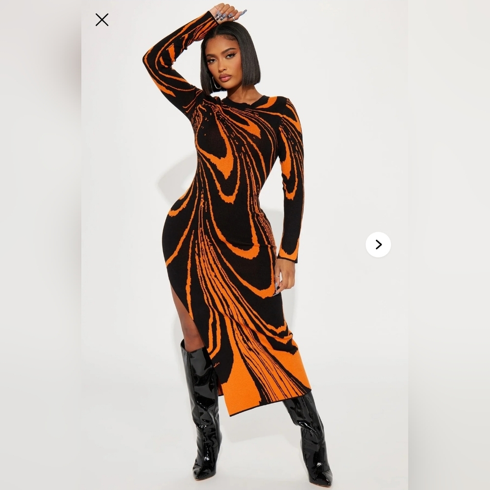 CLEAR  Out Sale! Orange and Black Long Sleeve Dress